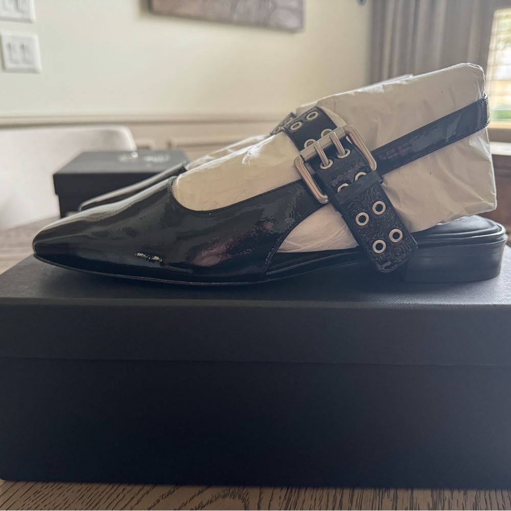 Black Patent Leather Flats with Buckle Detail